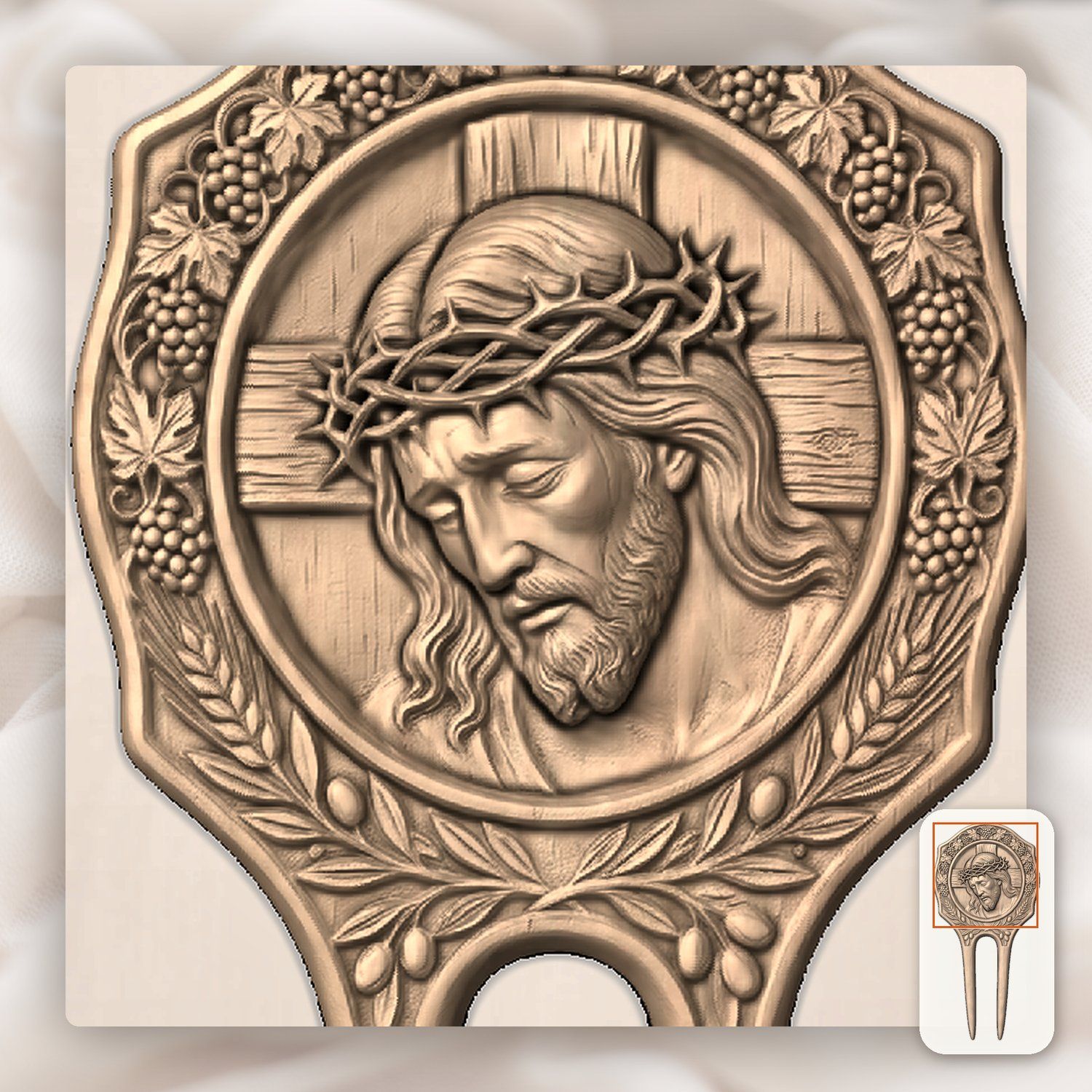 Jesus Christ Grapes and Wheat Hair Fork CNC Relief STL bas-relief STL — view 8