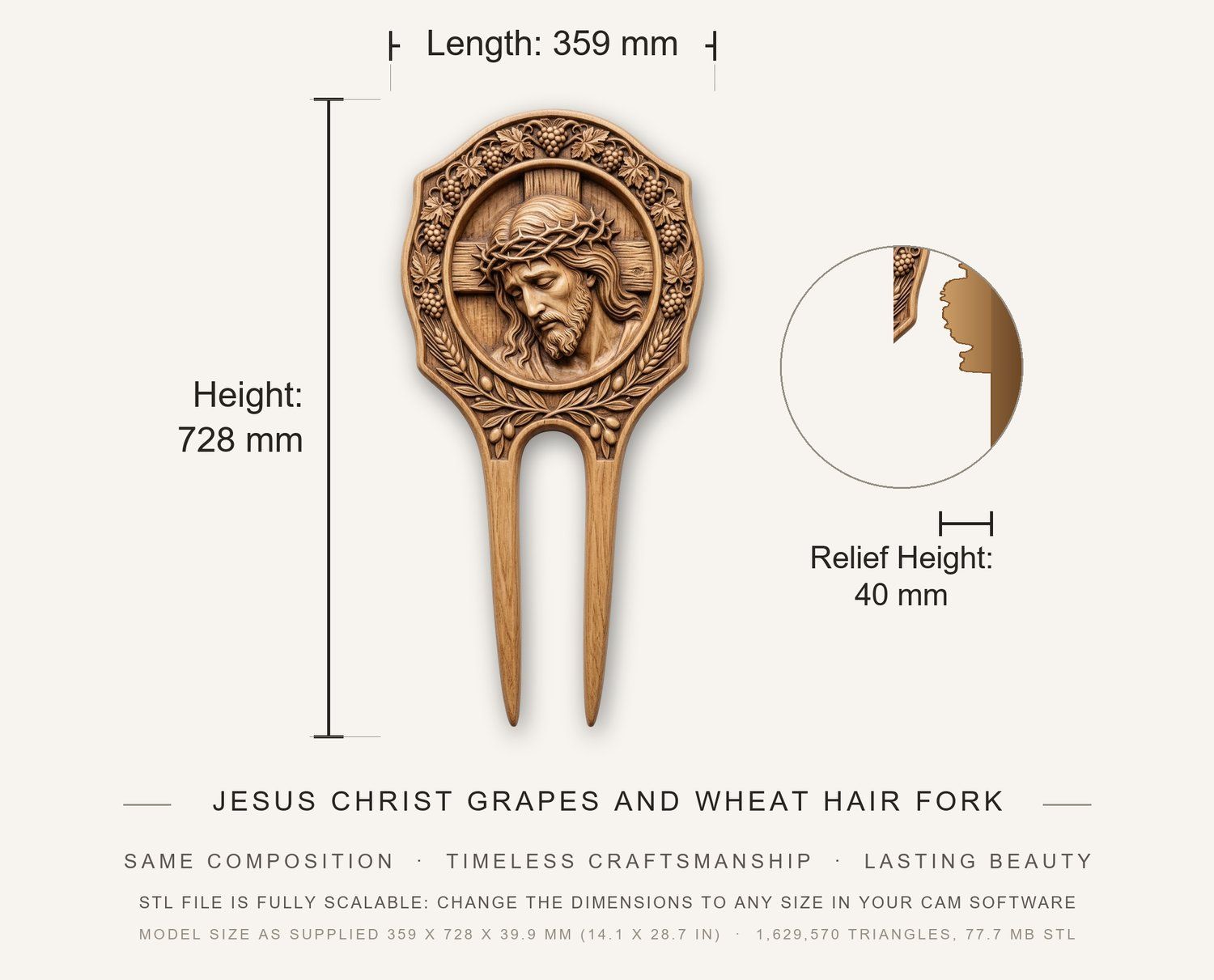 Jesus Christ Grapes and Wheat Hair Fork CNC Relief STL bas-relief STL — view 3