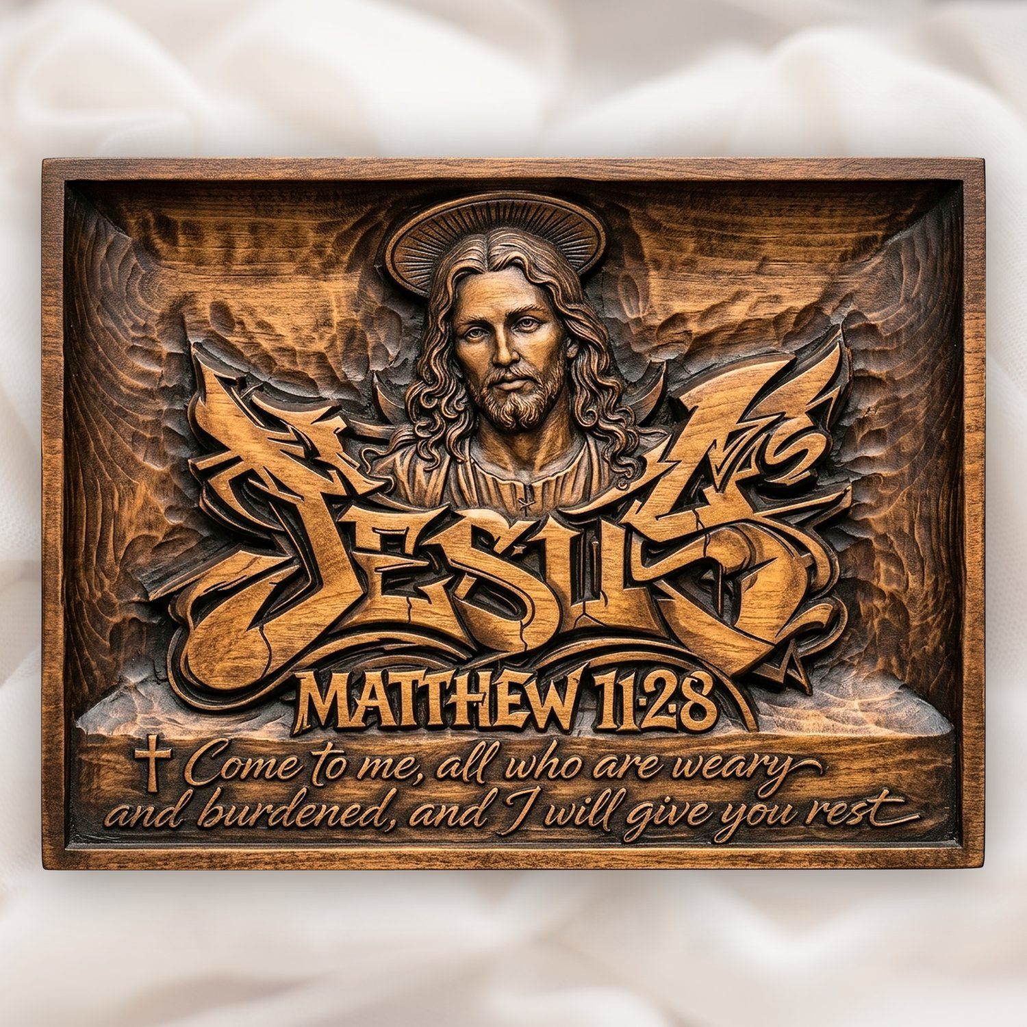 Jesus Christ Matthew 11:28 CNC Relief STL | Christian Scripture Wood Carving Design | Religious Wall Art Panel — carved bas relief STL file for CNC