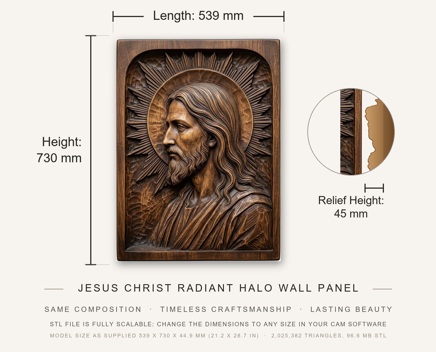 Jesus Christ Radiant Halo Wall Panel CNC Relief STL bas-relief STL — view 3