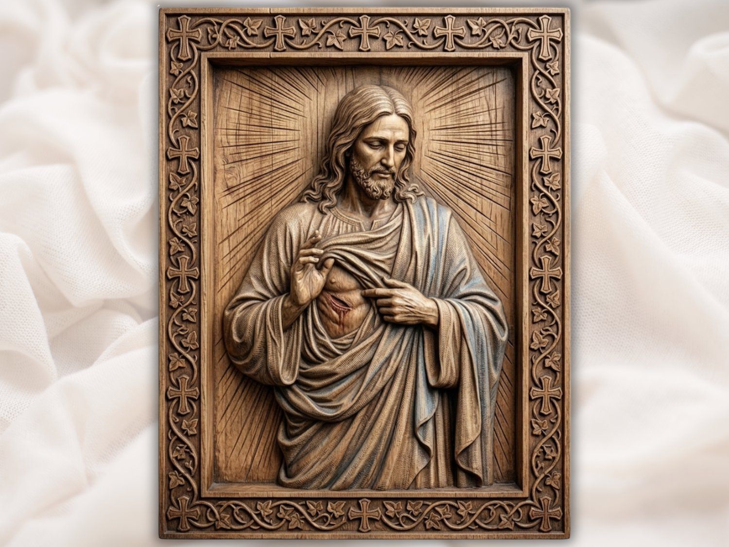 Jesus Christ Radiant Light Corner Applique | Compassionate Savior Showing Side Wound Relief | Religious Wood Carving Onlay | Architectural P — carved bas relief STL file for CNC