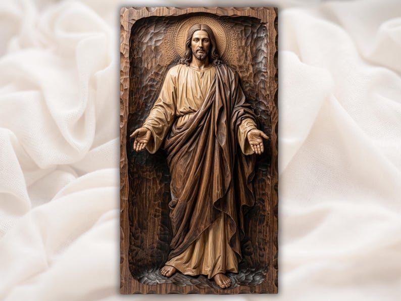 Carved wood bas-relief of Jesus standing with open arms, flowing robes and a radiant halo in a recessed frame.