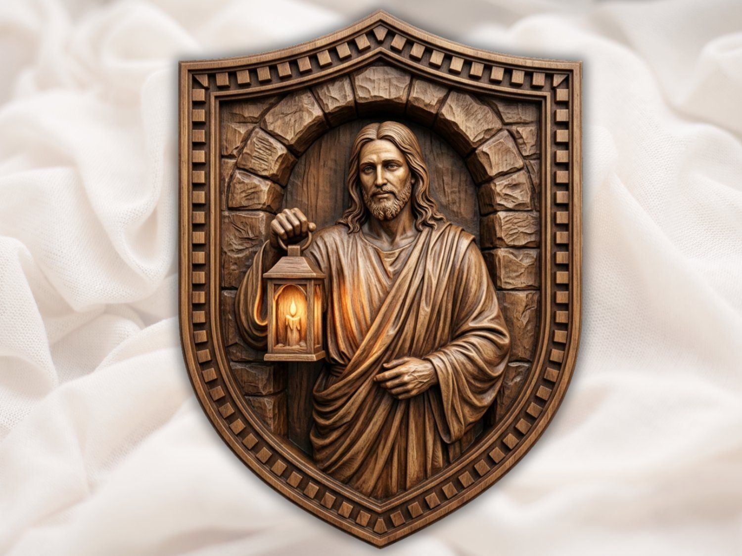 Jesus Christ Shield Wall Art | Light of the World Wood Carving | Religious Portrait Panel | Christian Home Decor | Sacred Art — carved bas relief STL file for CNC