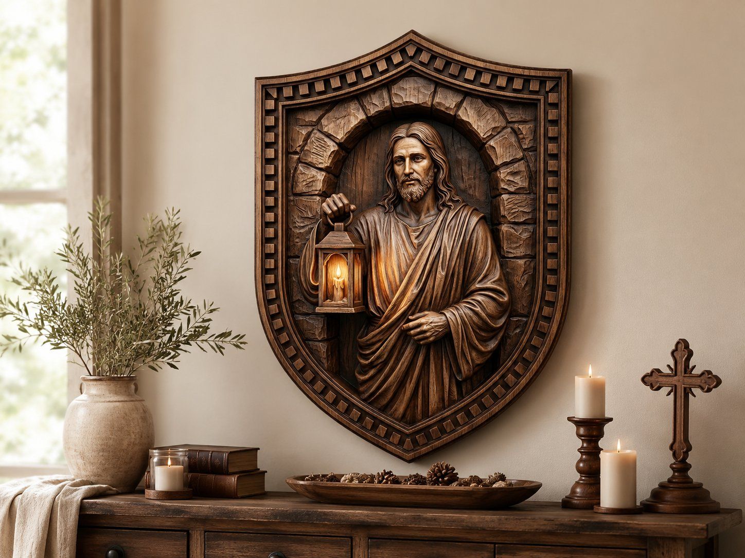 Jesus Christ Shield Wall Art bas-relief STL — view 4