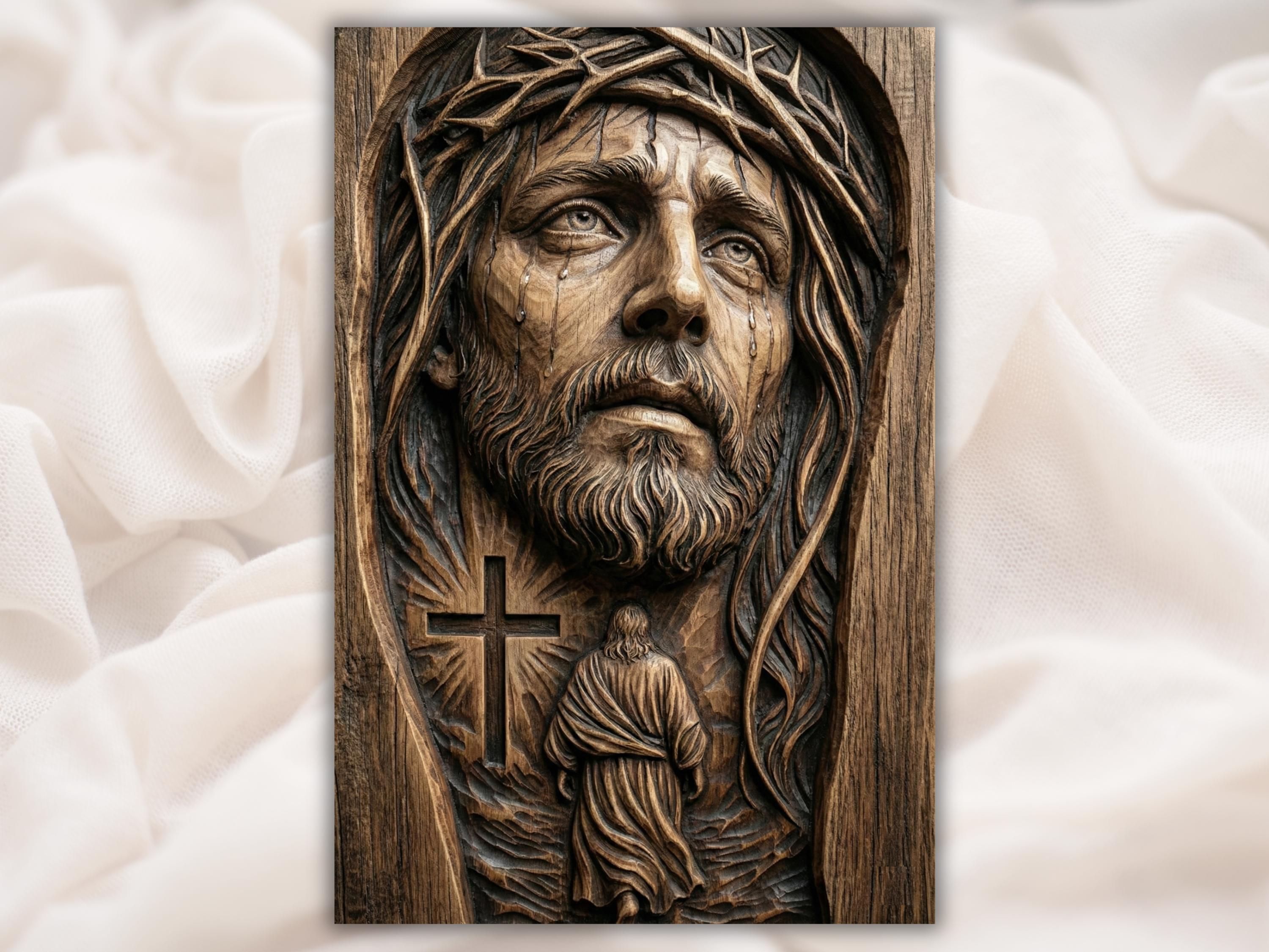 Wood bas-relief of a sorrowful Jesus in a crown of thorns with tears, a cross, and a robed figure below.
