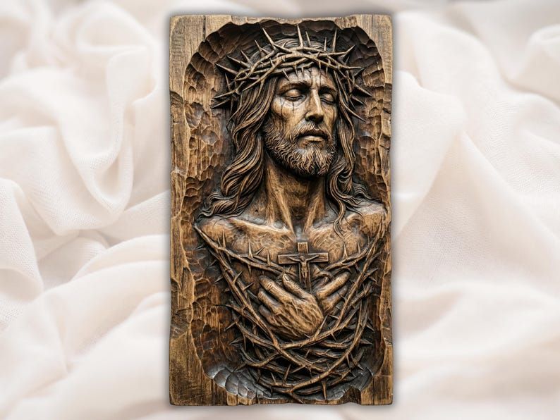 Wood bas-relief carving of Jesus wearing the crown of thorns holding a thorn-wrapped cross to his heart