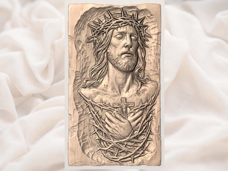 Jesus Crown of Thorns Bas-Relief STL with Sacred Heart Cross bas-relief STL — view 2