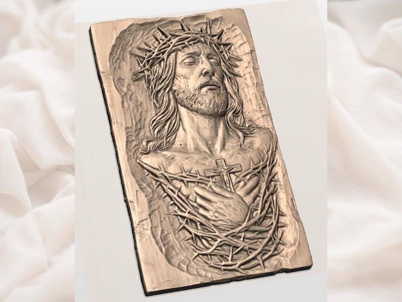 Jesus Crown of Thorns Bas-Relief STL with Sacred Heart Cross bas-relief STL — view 3