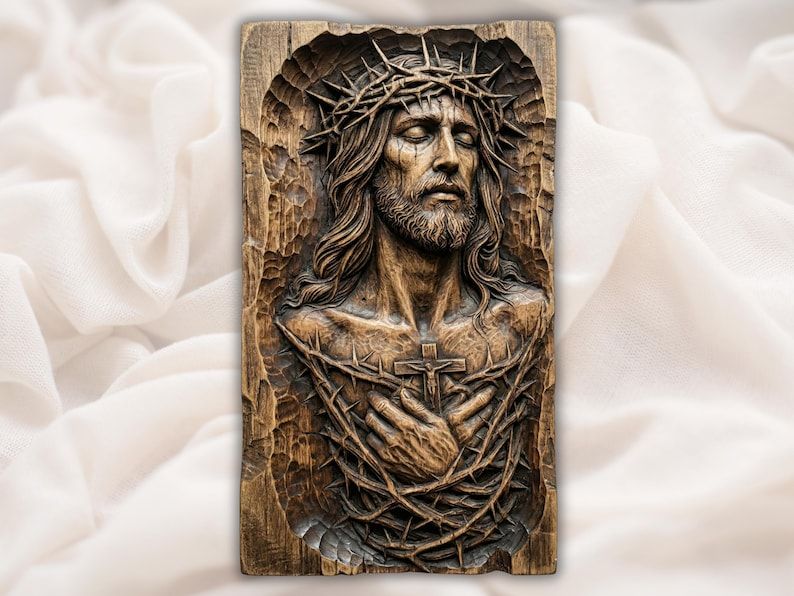 Jesus Crown of Thorns Bas-Relief STL with Sacred Heart Cross bas-relief STL design