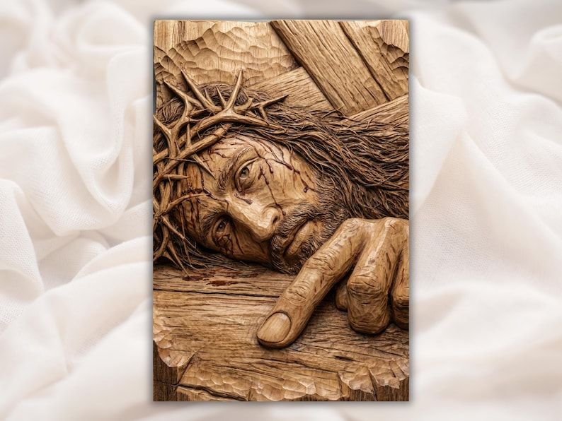 Carved wood bas-relief of Jesus wearing the crown of thorns, head bowed, hand gripping the cross