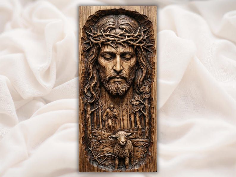 Wood-carved bas-relief of Jesus wearing the crown of thorns, with a shepherd and a lamb in a forest below.