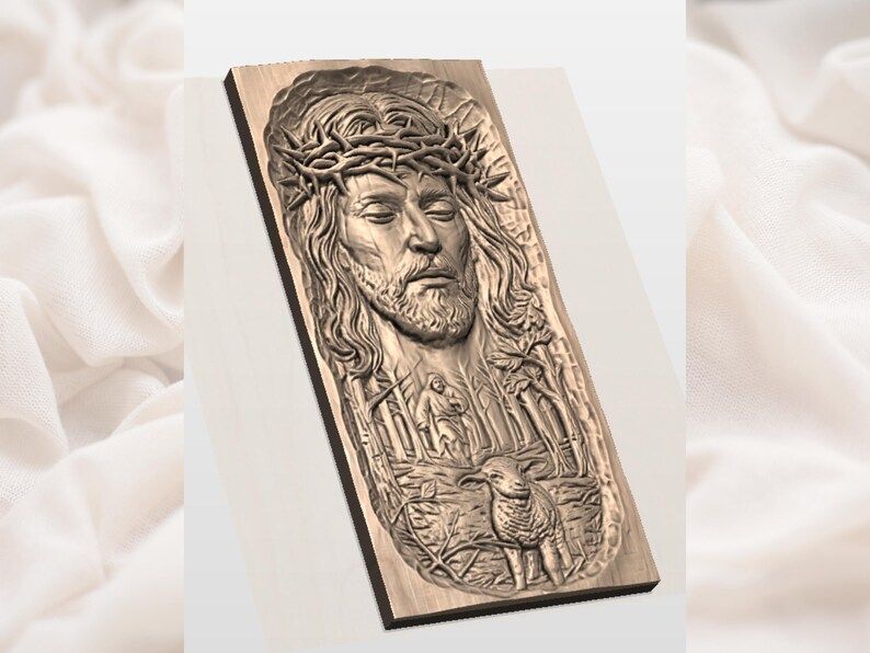 Christ Crowned with Thorns and the Good Shepherd Lamb Relief STL bas-relief STL — view 2