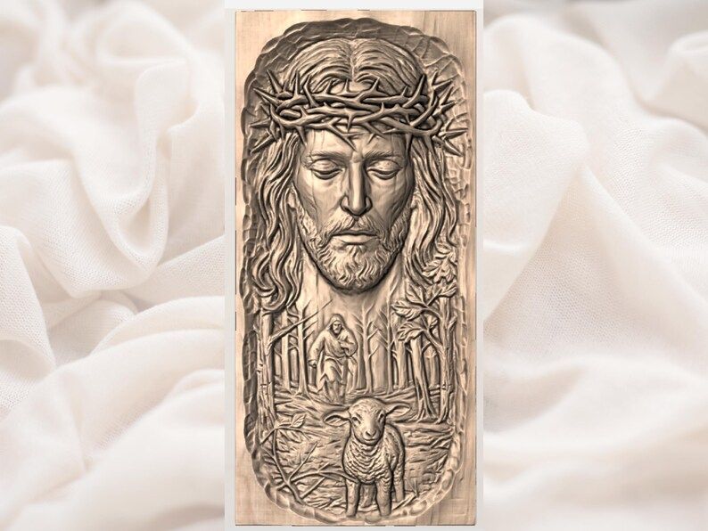 Christ Crowned with Thorns and the Good Shepherd Lamb Relief STL bas-relief STL — view 3