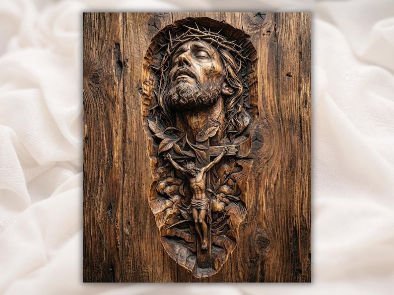 Carved wood bas-relief of Jesus with crown of thorns above a crucifixion scene with foliage