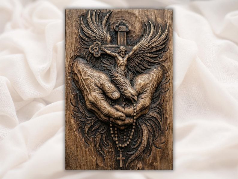 Wood relief carving of crucified Christ with angel wings inside praying hands holding a rosary and cross