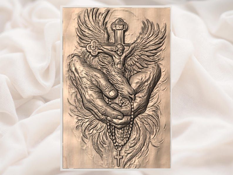 Crucified Christ with Angel Wings, Praying Hands and Rosary Relief bas-relief STL — view 2