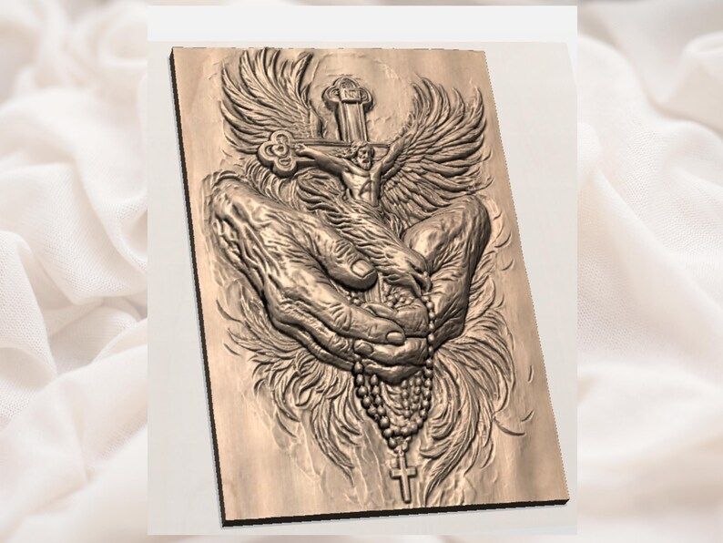 Crucified Christ with Angel Wings, Praying Hands and Rosary Relief bas-relief STL — view 3