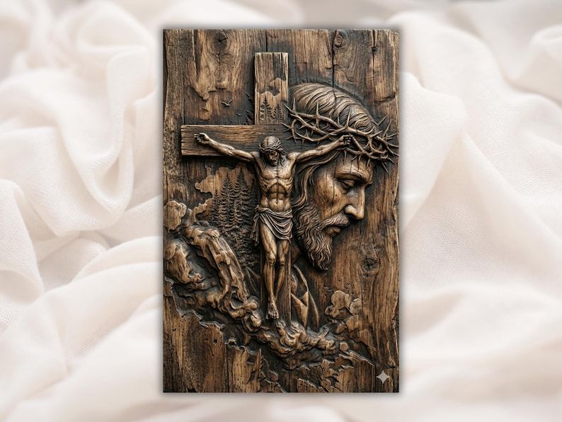 Carved wood bas-relief of Jesus crucified on a cross with the face of Christ and crown of thorns behind.