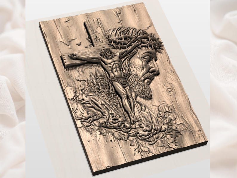 Crucifixion of Christ Bas-Relief STL with Crown of Thorns bas-relief STL — view 2