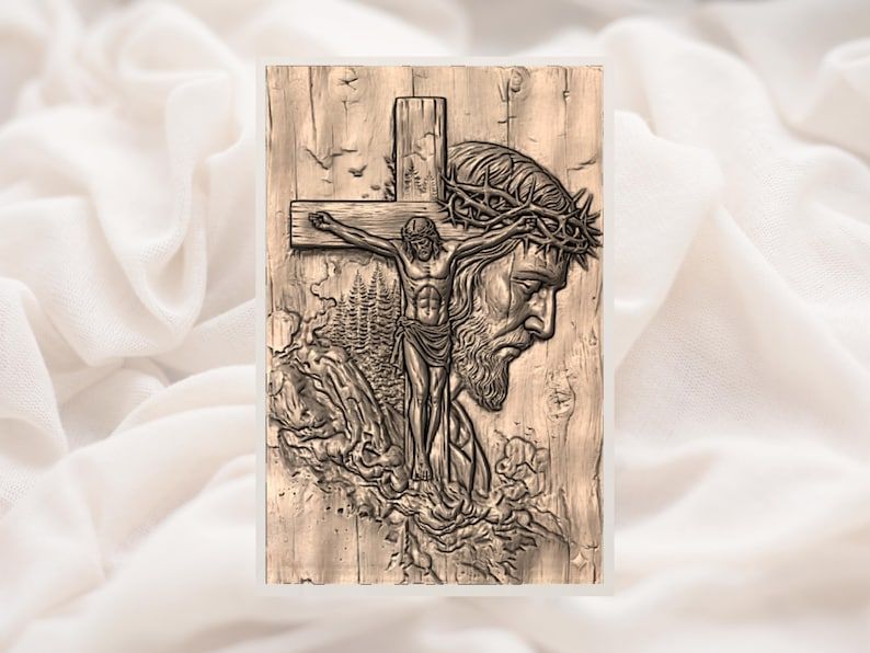 Crucifixion of Christ Bas-Relief STL with Crown of Thorns bas-relief STL — view 3