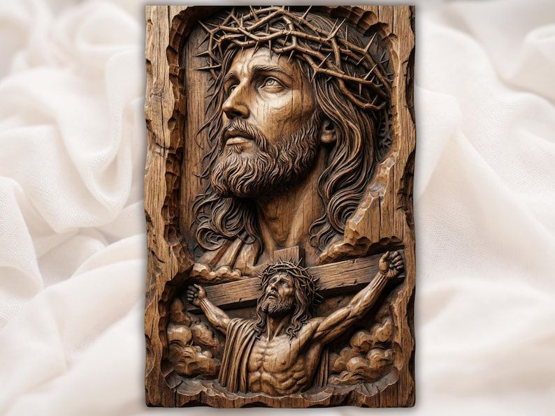 Wood bas-relief of Jesus wearing a crown of thorns above a carved crucifixion scene with clouds.