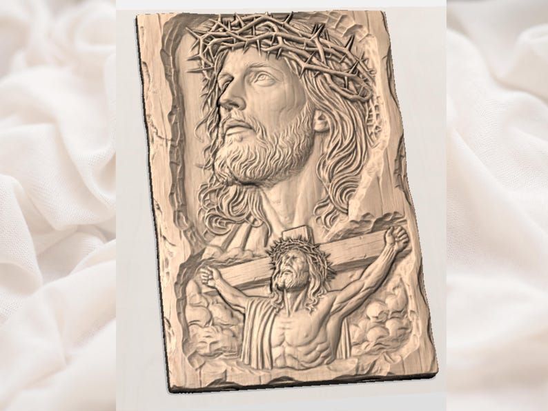 Jesus Crown of Thorns and Crucifixion Bas-Relief STL bas-relief STL — view 2
