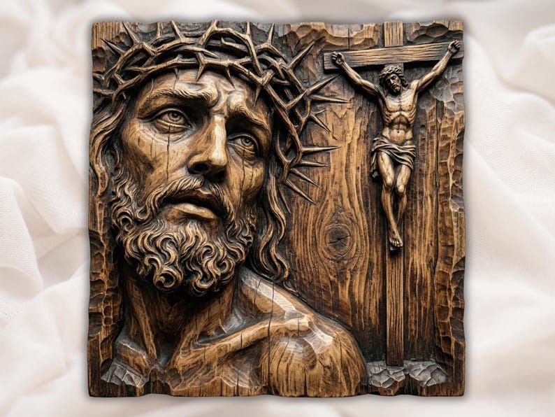 Carved wood relief of the face of Christ with crown of thorns beside a crucifix on a grain panel
