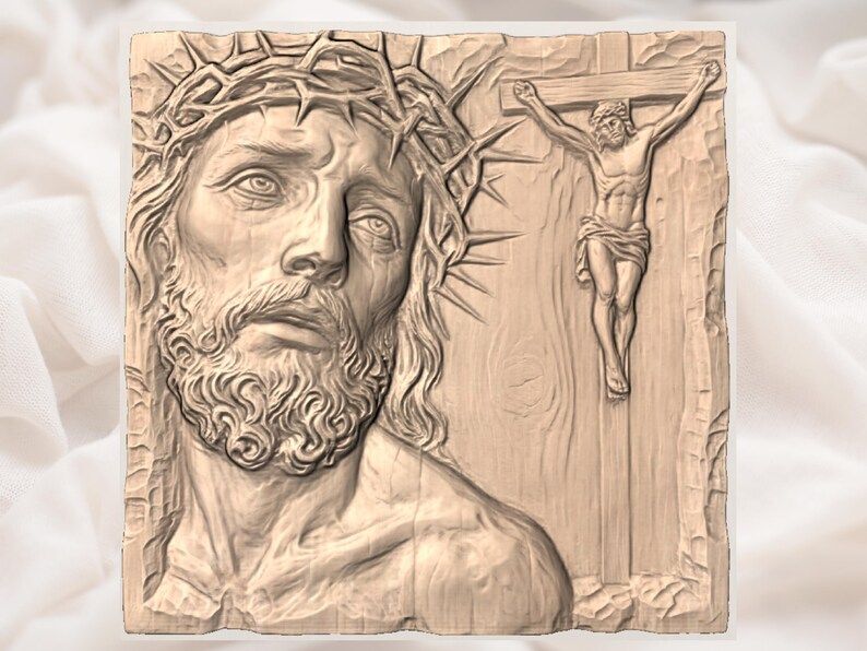 Face of Christ and the Crucifixion Bas-Relief STL Panel bas-relief STL — view 2