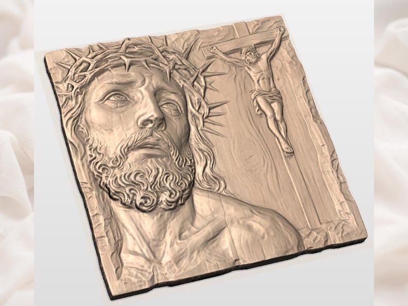 Face of Christ and the Crucifixion Bas-Relief STL Panel bas-relief STL — view 3