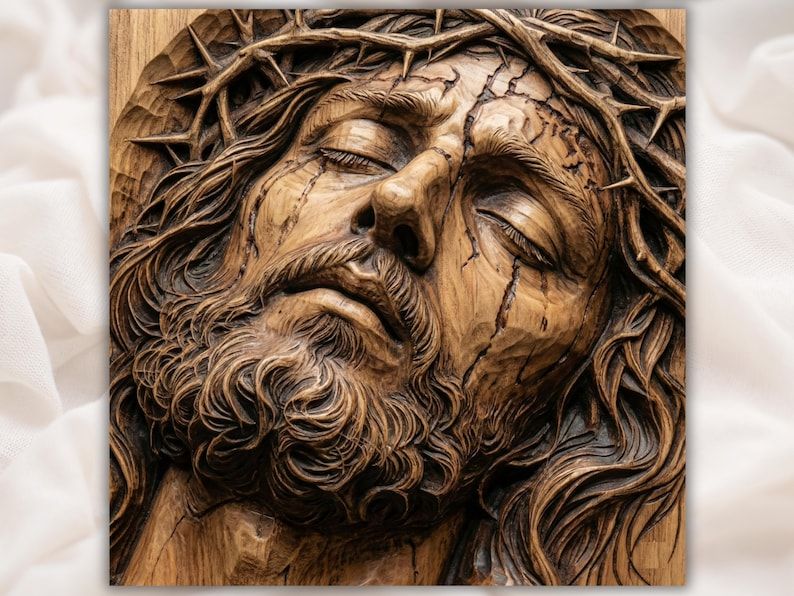 Bas-relief wood carving of Jesus face with eyes closed and a crown of thorns around his head.