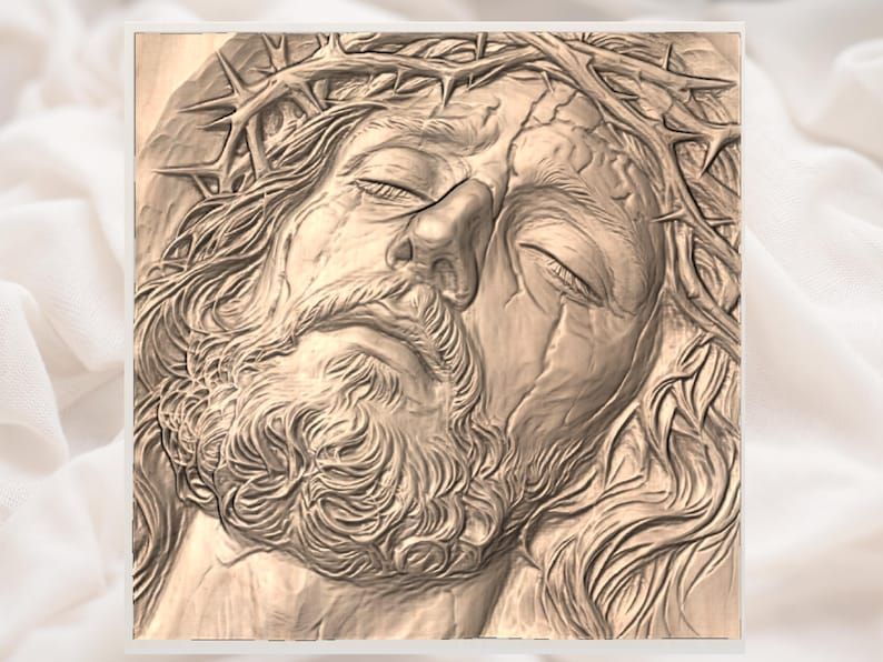 Suffering Christ Face STL, Crown of Thorns Bas-Relief Carving bas-relief STL — view 2