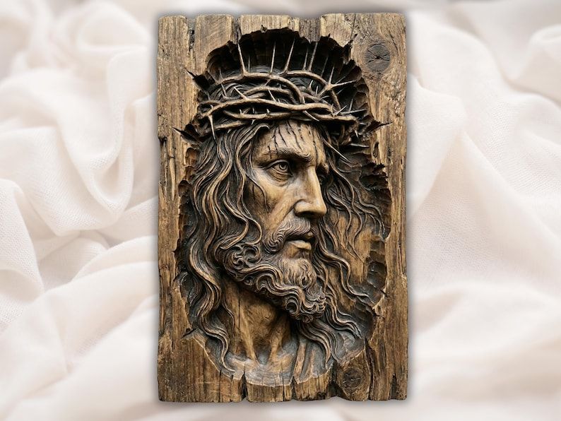Bas-relief wood carving of Jesus face with crown of thorns and flowing hair and beard