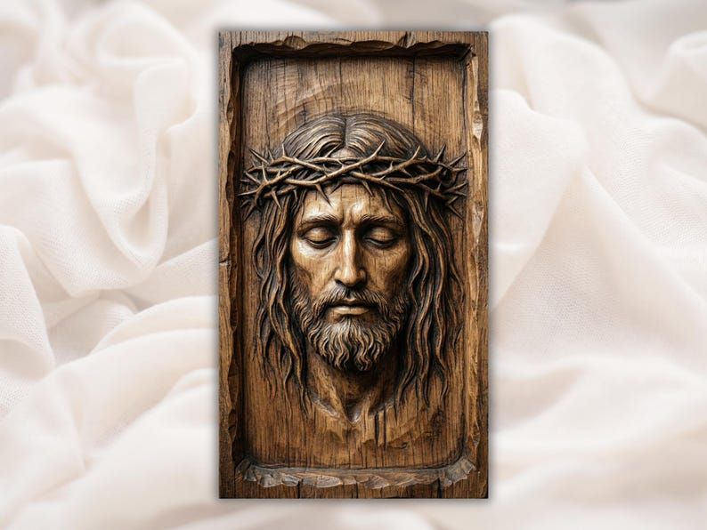 Carved wood bas-relief of the face of Jesus Christ with closed eyes and a crown of thorns in a panel