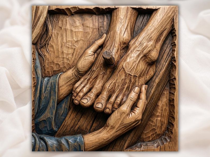 Wood-carved relief of two hands cradling the pierced feet of Christ with a nail on the cross.