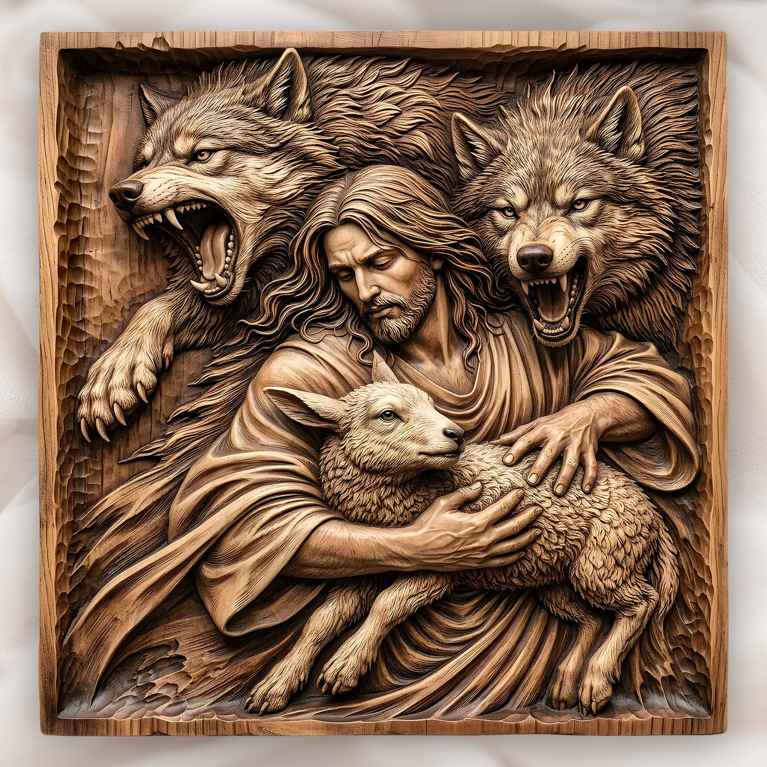 Jesus Good Shepherd Protecting Lamb Wolves CNC Relief STL | Christian Wood Carving Design | Religious Wall Art Panel — carved bas relief STL file for CNC
