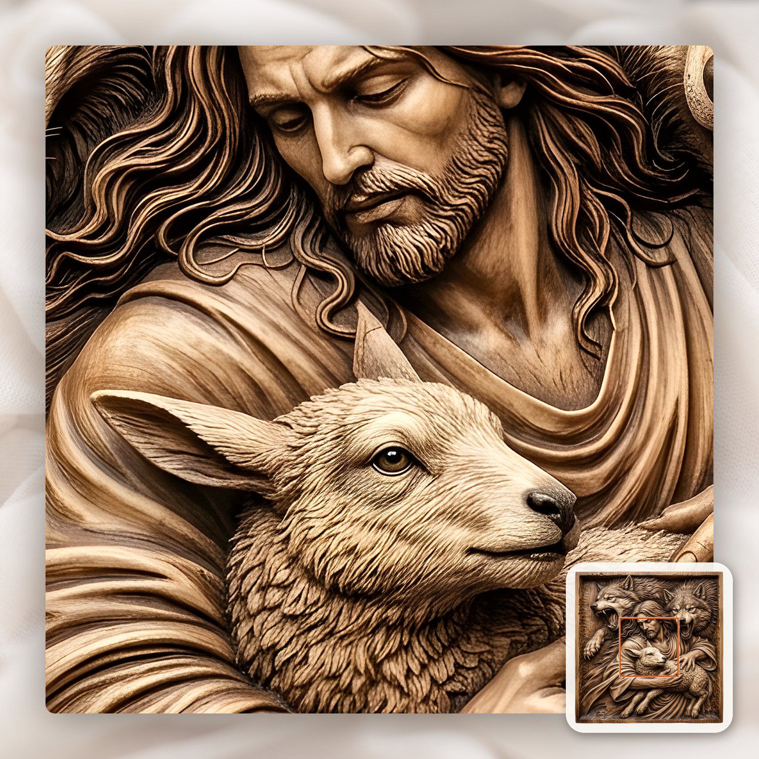 Jesus Good Shepherd Protecting Lamb Wolves CNC Relief STL bas-relief STL — view 10