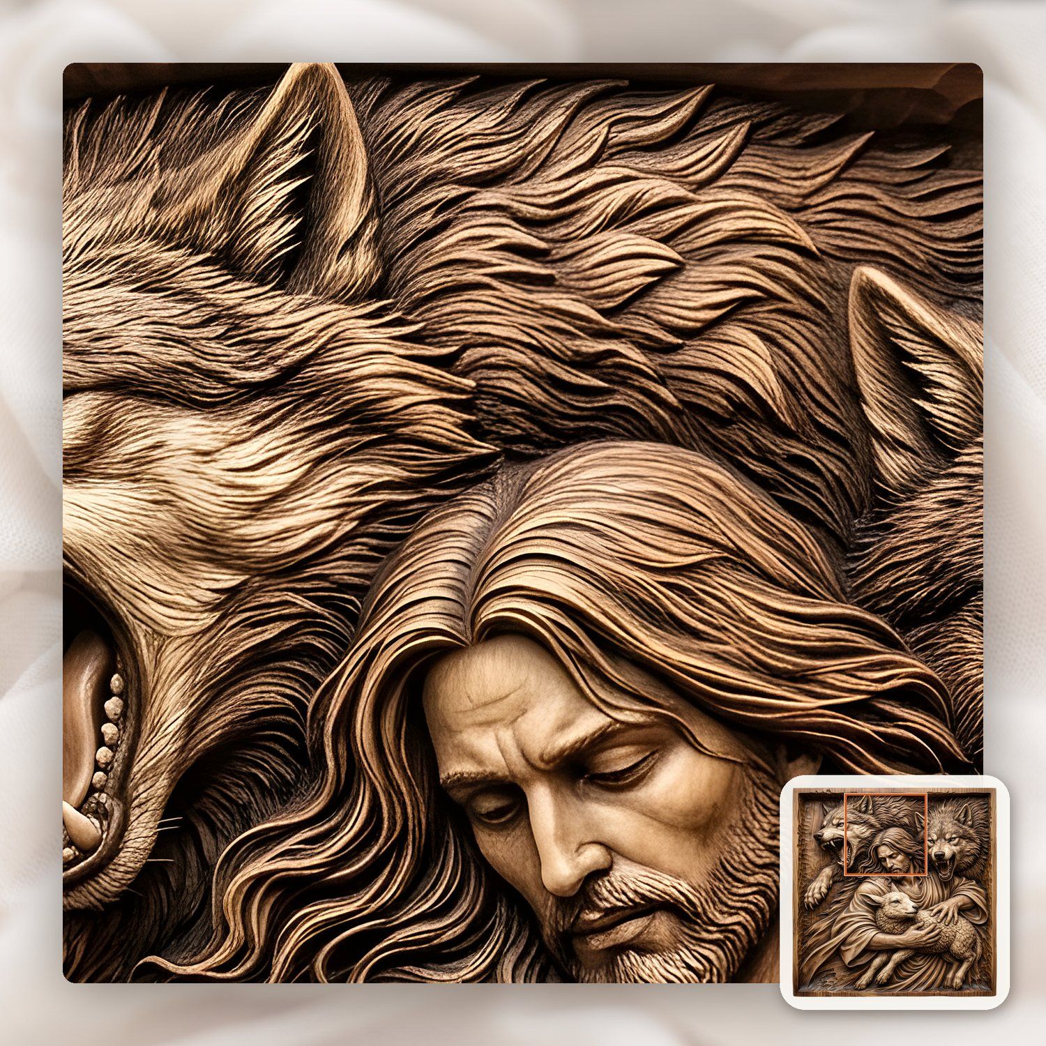 Jesus Good Shepherd Protecting Lamb Wolves CNC Relief STL bas-relief STL — view 11