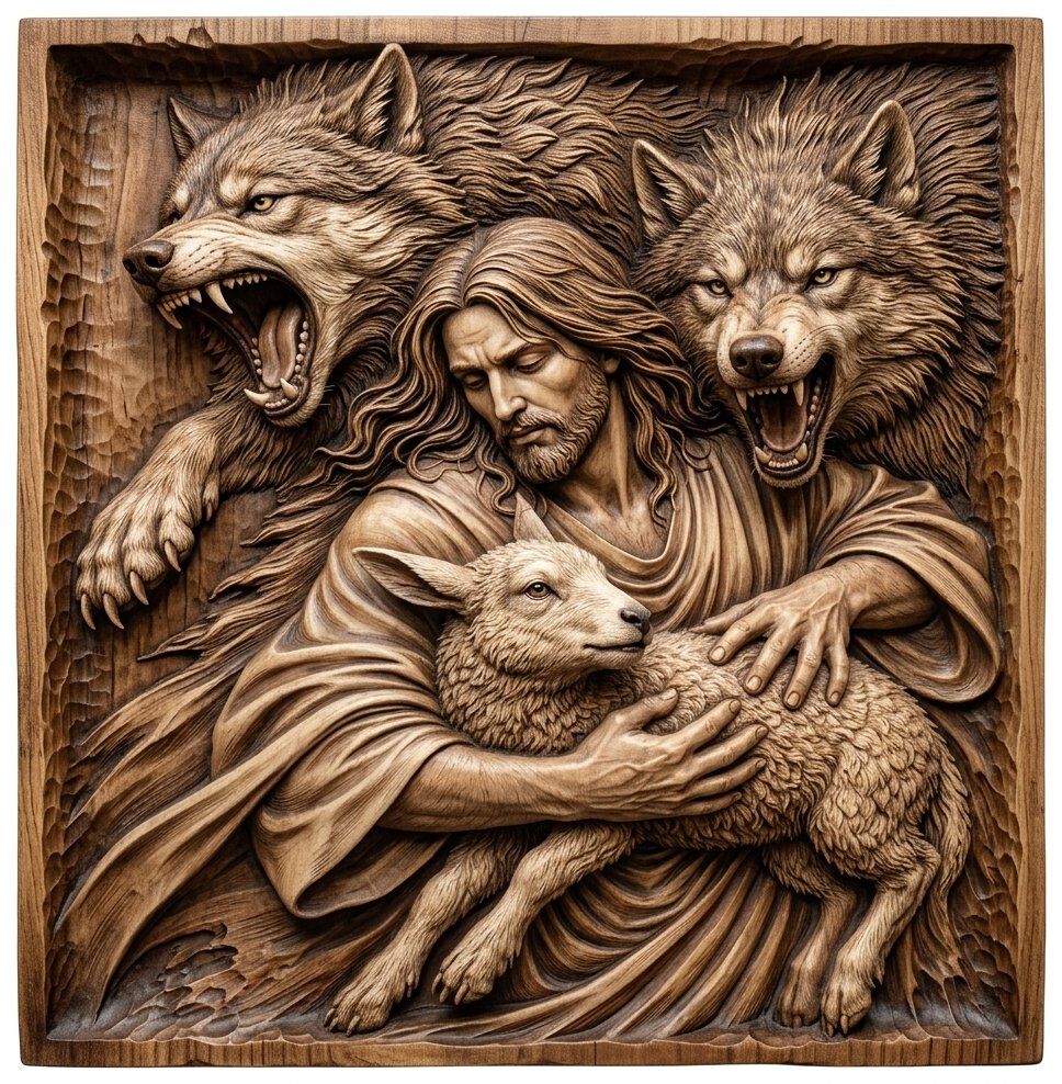 Jesus Good Shepherd Protecting Lamb Wolves CNC Relief STL bas-relief STL — view 12