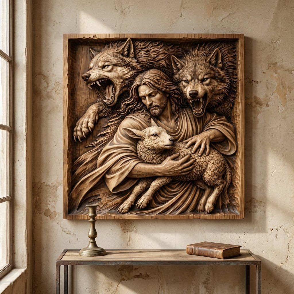 Jesus Good Shepherd Protecting Lamb Wolves CNC Relief STL bas-relief STL — view 13