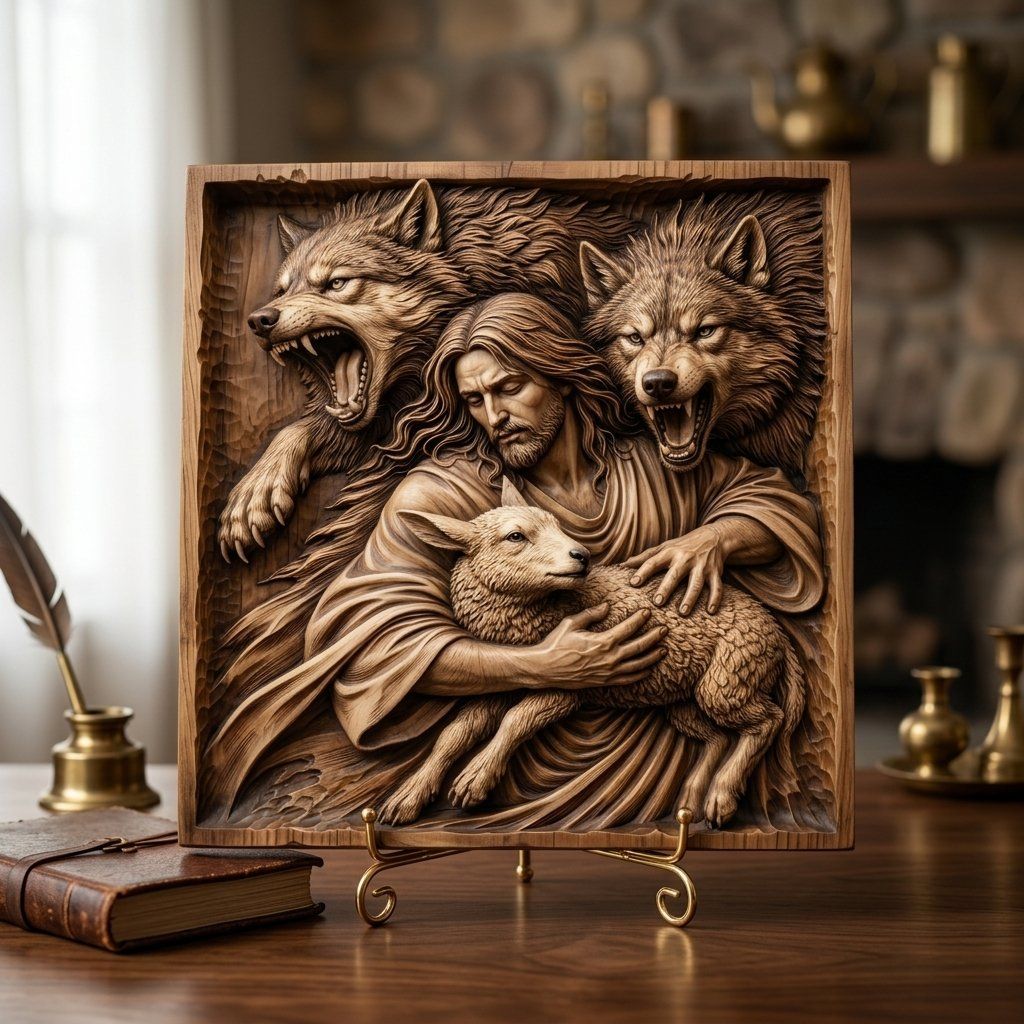 Jesus Good Shepherd Protecting Lamb Wolves CNC Relief STL bas-relief STL — view 14