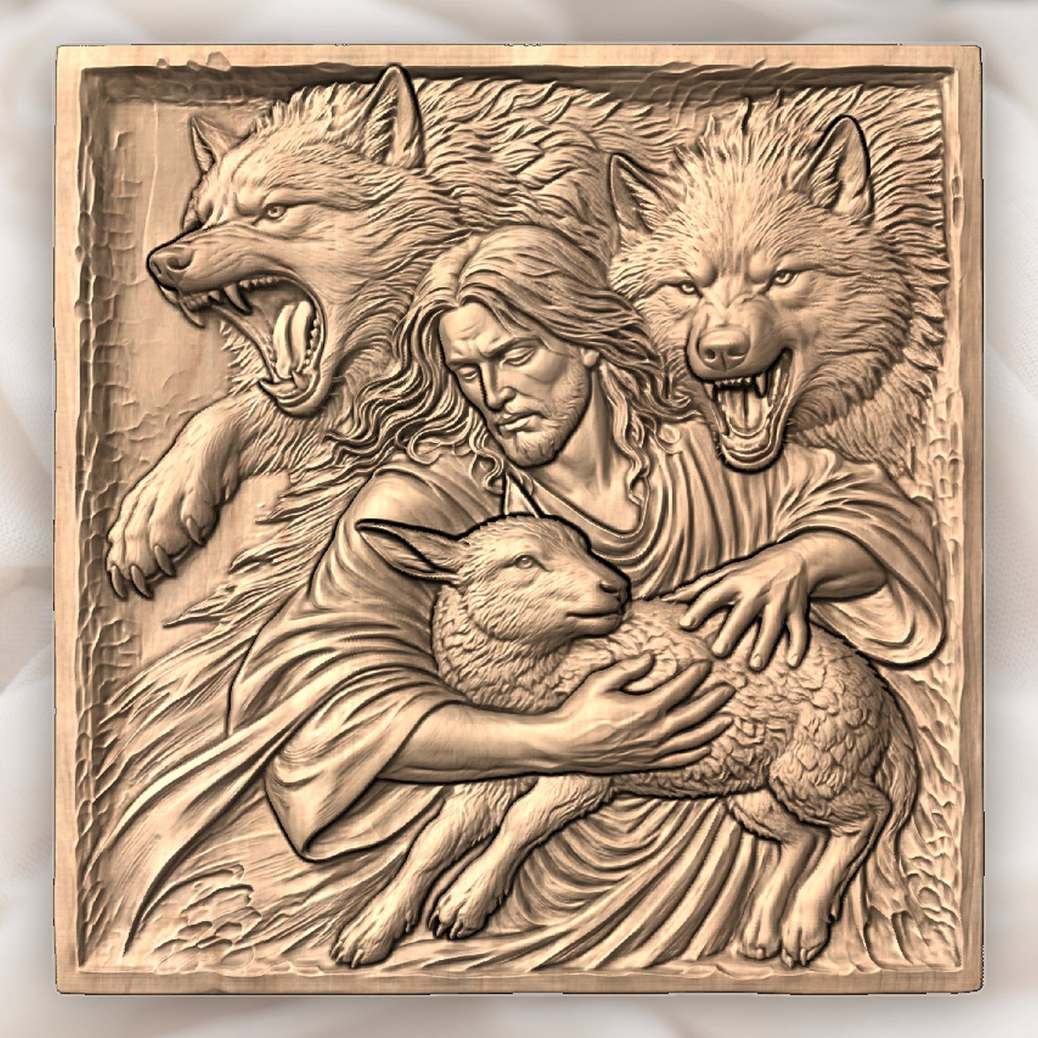 Jesus Good Shepherd Protecting Lamb Wolves CNC Relief STL bas-relief STL — view 3