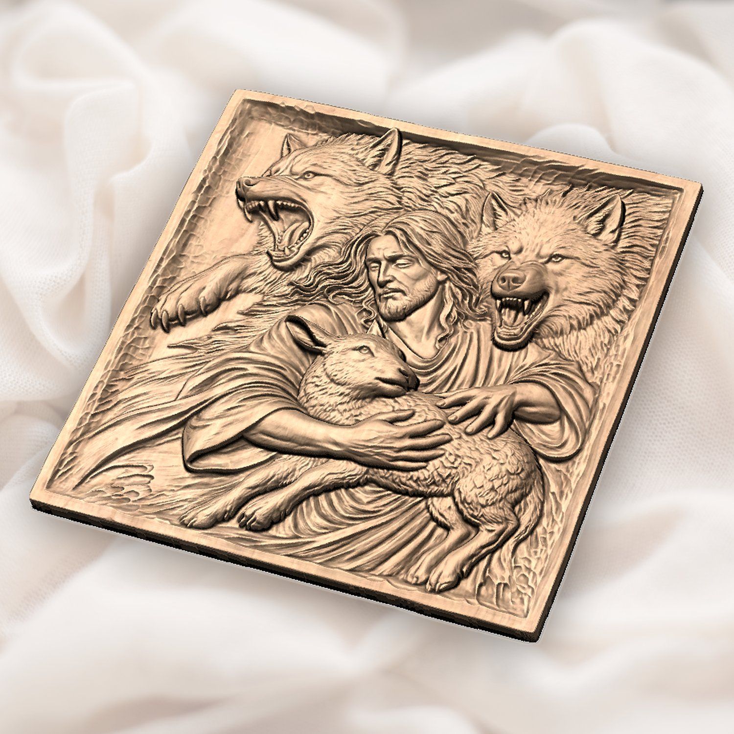 Jesus Good Shepherd Protecting Lamb Wolves CNC Relief STL bas-relief STL — view 4