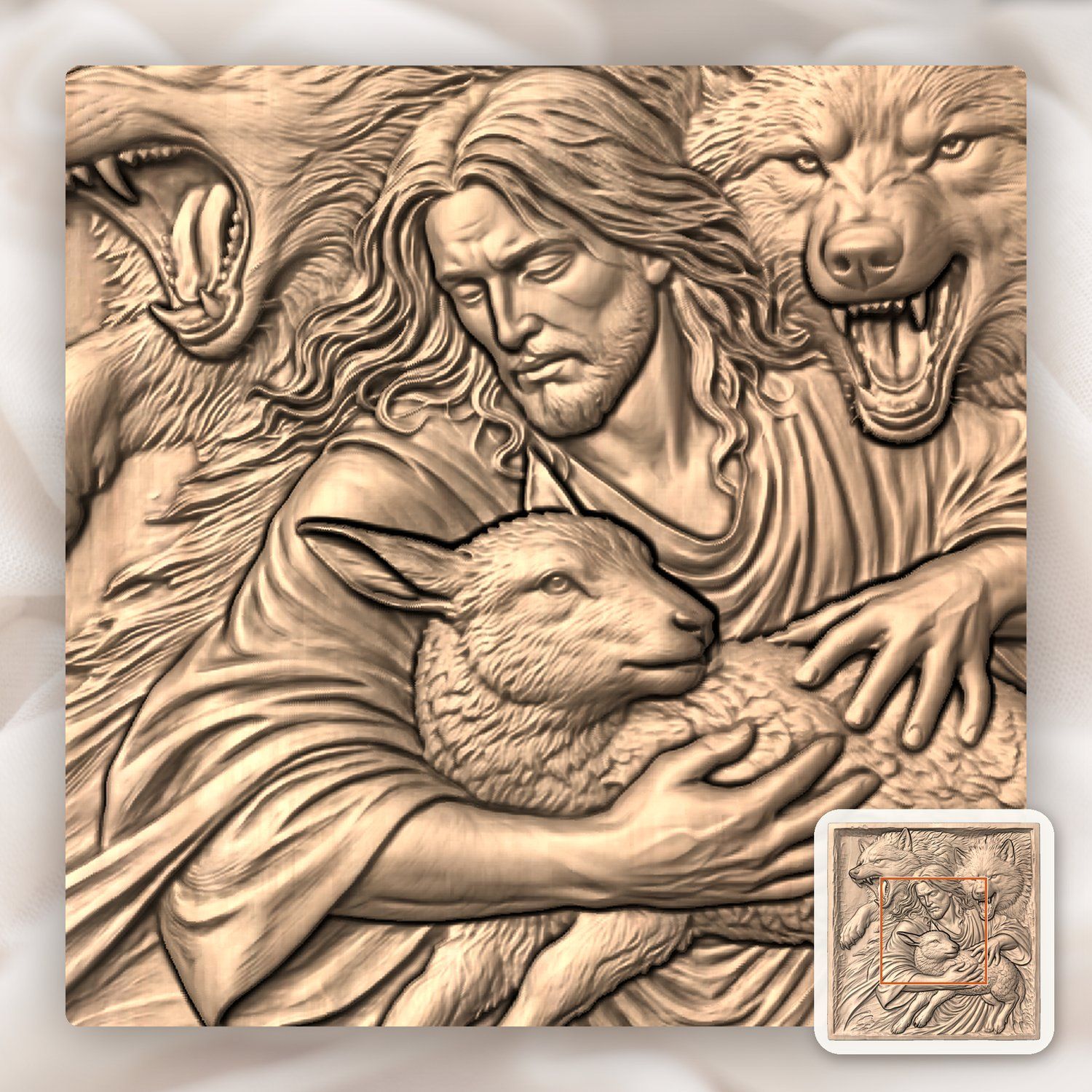 Jesus Good Shepherd Protecting Lamb Wolves CNC Relief STL bas-relief STL — view 5