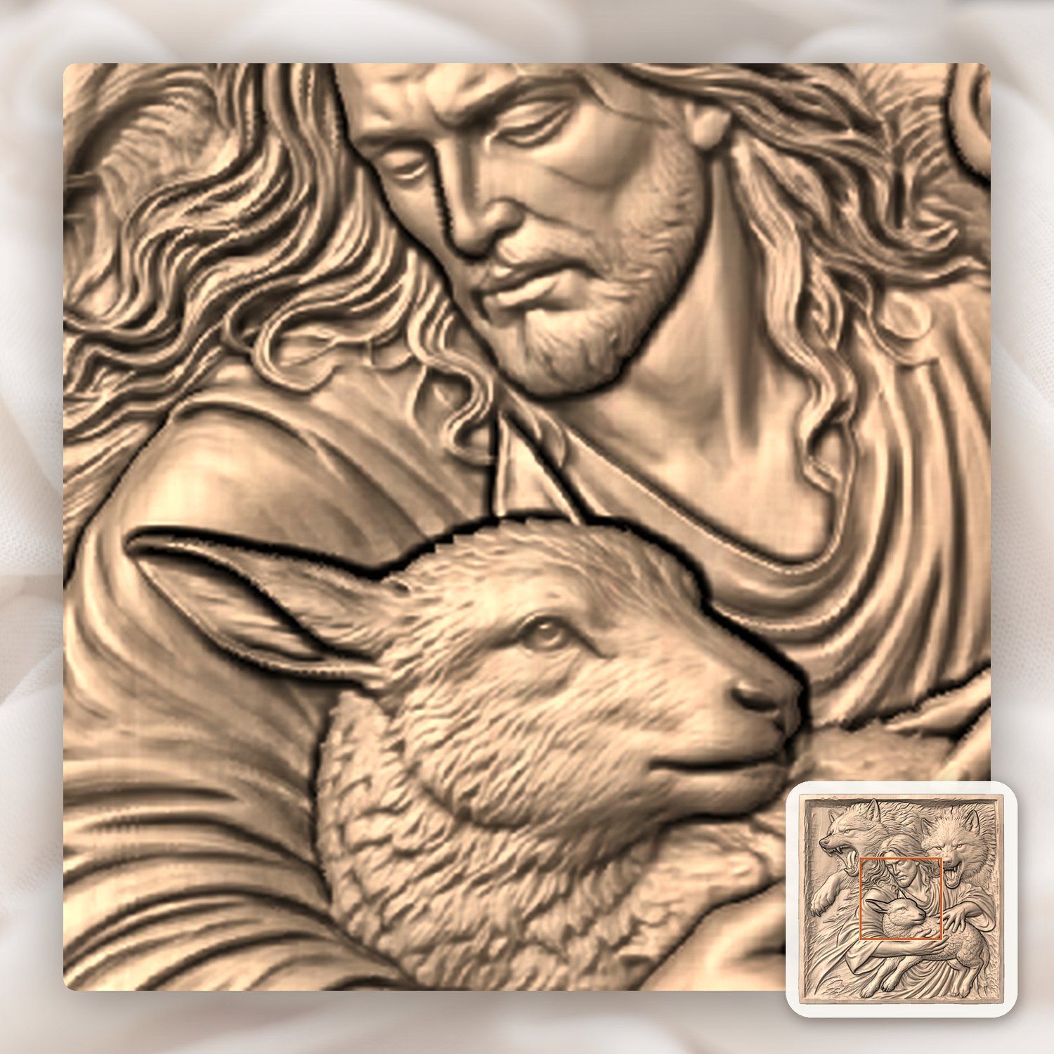 Jesus Good Shepherd Protecting Lamb Wolves CNC Relief STL bas-relief STL — view 6