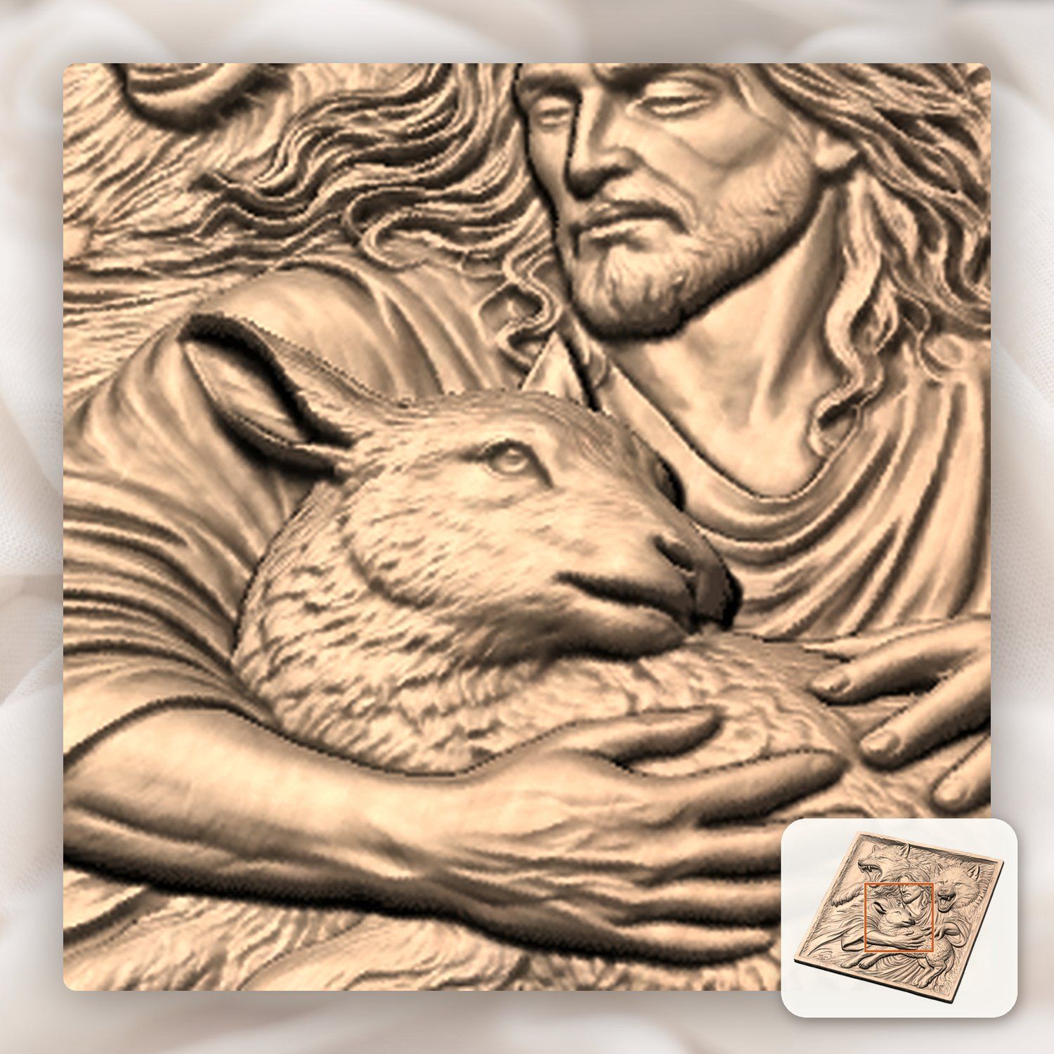Jesus Good Shepherd Protecting Lamb Wolves CNC Relief STL bas-relief STL — view 8