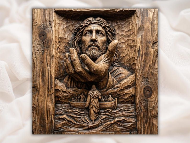 Wood relief carving of Jesus with crown of thorns reaching out a hand above disciples in a boat on rough water.