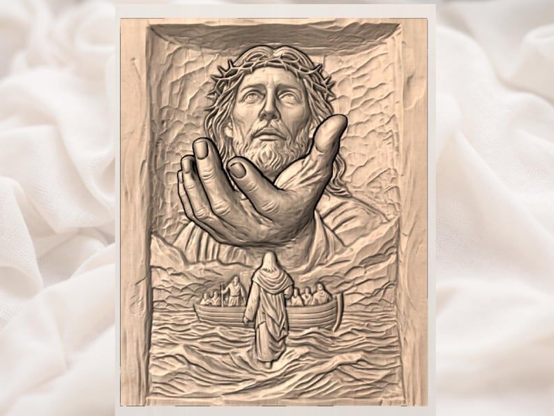 Jesus Reaching Hand and Storm on the Sea Bas-Relief STL bas-relief STL — view 3