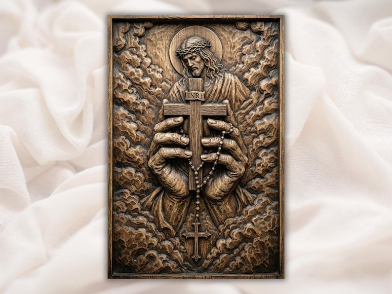 Wood bas-relief of Jesus with crown of thorns holding an INRI cross and rosary among clouds