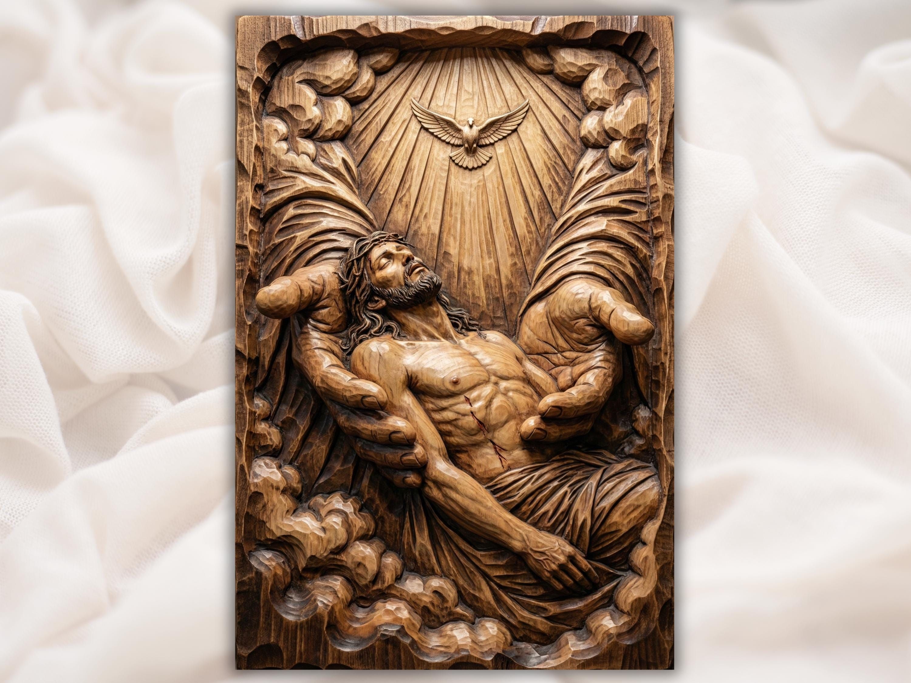 Wood relief carving of Jesus cradled in two large hands below a Holy Spirit dove and radiating light beams.
