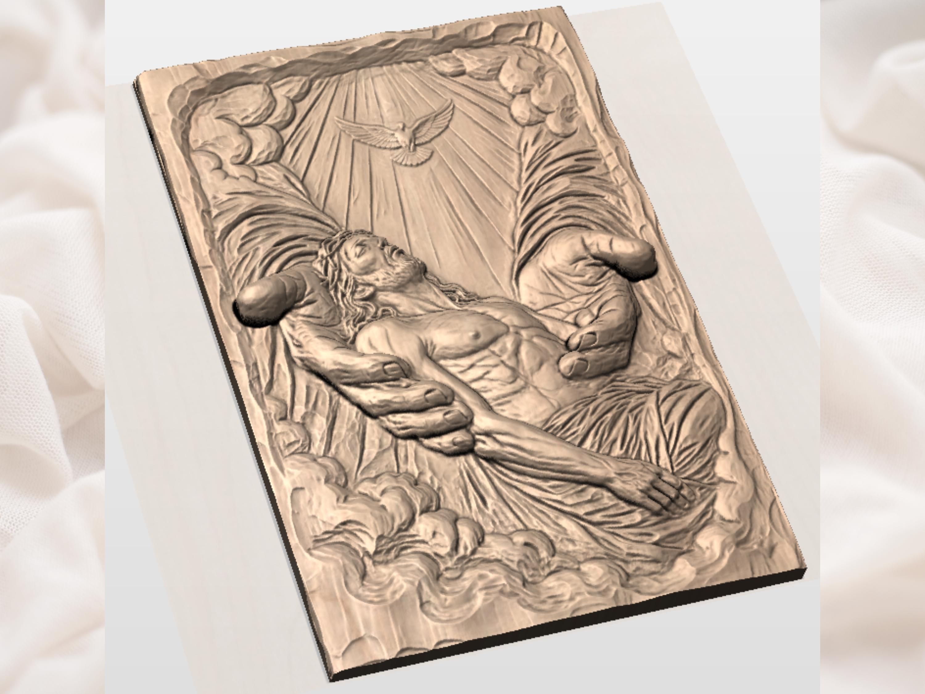 Jesus Cradled in God's Hands With Holy Spirit Dove Relief STL bas-relief STL — view 2
